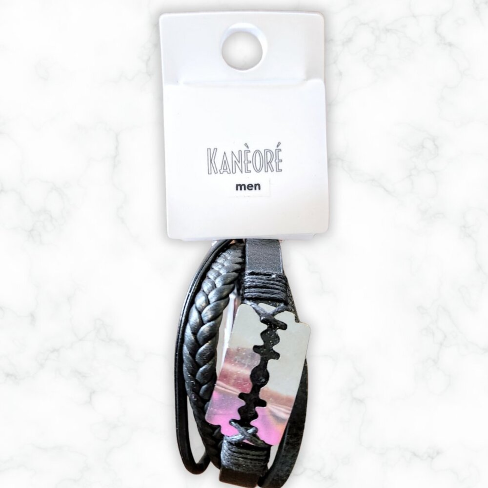NWT Kanèoré Men's Silver Razor Black Braided Cord Cuff Bracelet